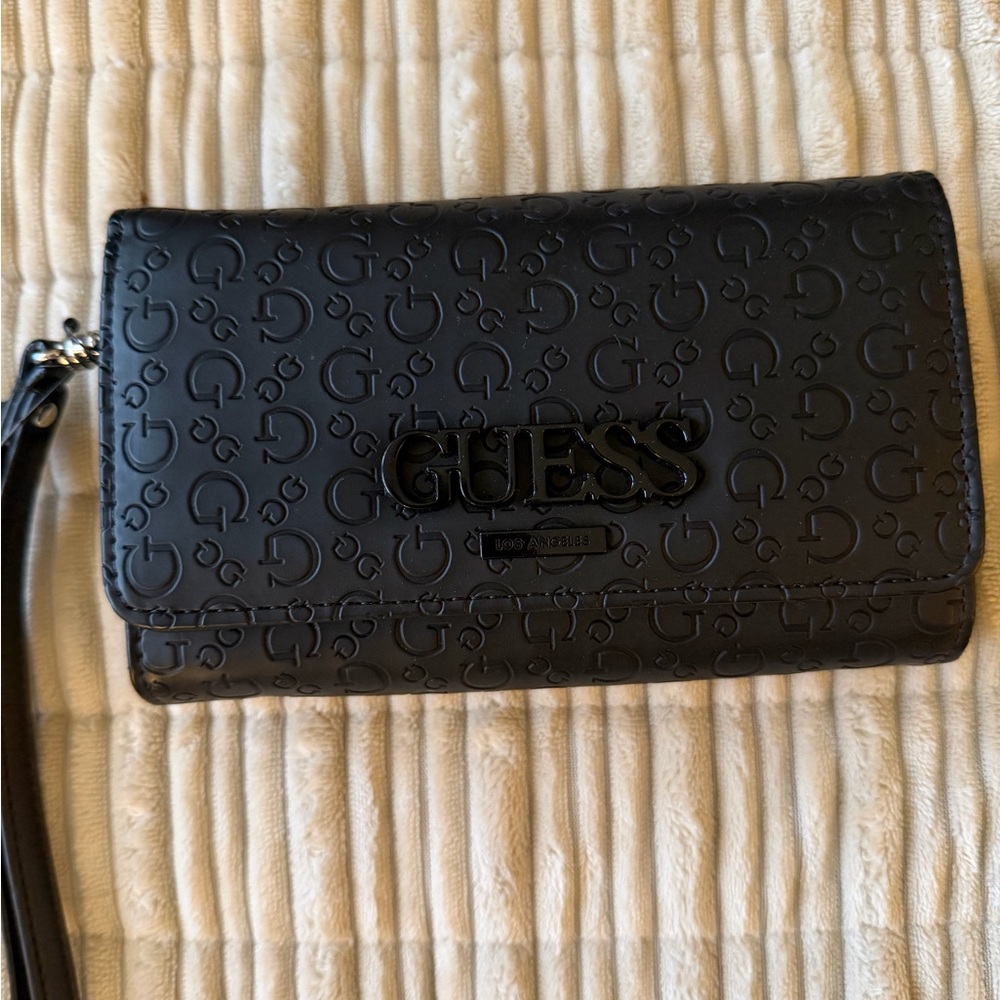 Guess Black Embossed Logo Wristlet Clutch
